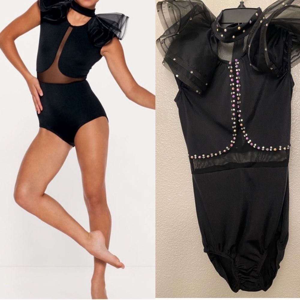 Kelle dance costume black leotard ruffle sleeve FLY AWAY 5301 custom solo SA